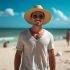 ai-generative-back-view-young-tourist-man-in-summer-dress-and-hat-standing-on-beautiful-sandy-beach-enjoying-free-photo